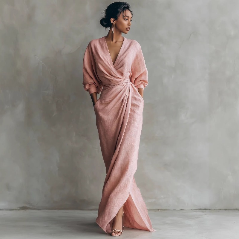 Women's Pink Linen Wrap Maxi D - Linen Dress Wrap recensione e prezzo