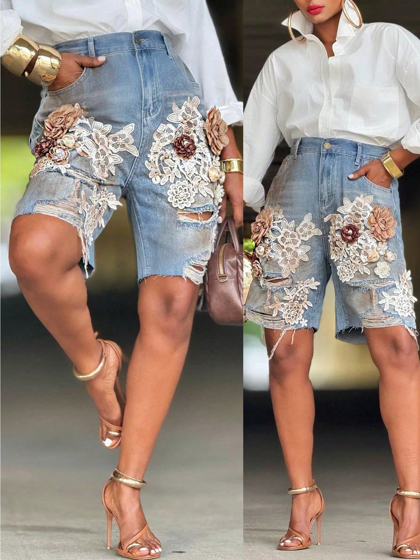 GLOURI Women 3D Floral Appliqu - Shorts Denim Frayed recensione e prezzo
