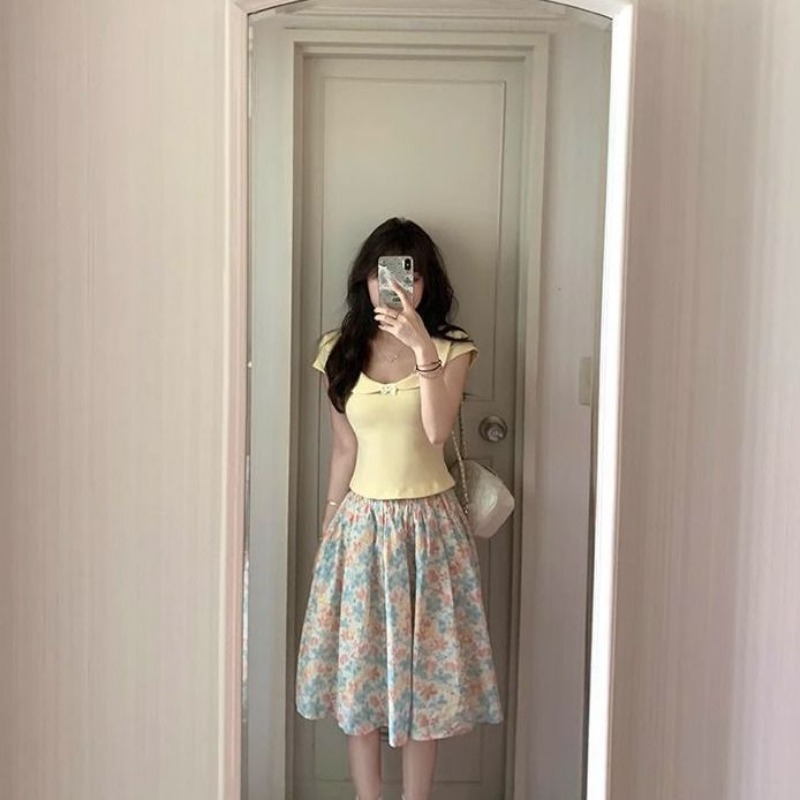 Women 2 Piece Set Bow Top And  - Midi Skirt Floral recensione e prezzo