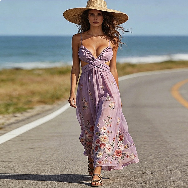 Women's Chiffon Floral Print L - Maxi Dress Halter recensione e prezzo